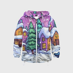 Ветровка с капюшоном детская Новогодний мультяшный двор, цвет: 3D-белый