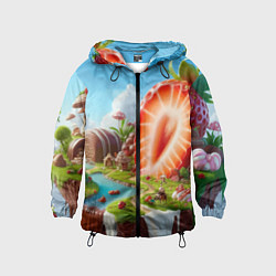 Ветровка с капюшоном детская Клубничная планета - нейроарт фантазия, цвет: 3D-черный