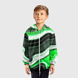 Ветровка с капюшоном детская Волнистые горизонтальные чёрно-зелёные полосы на б, цвет: 3D-белый — фото 2