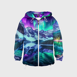 Ветровка с капюшоном детская Северное сияние над горами - неоновое свечение, цвет: 3D-белый