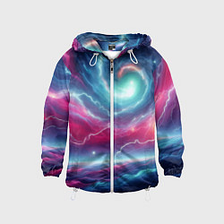 Ветровка с капюшоном детская Spiral neon galaxy - ai art fantasy, цвет: 3D-белый