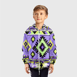 Ветровка с капюшоном детская Геометрический сиренево желтый орнамент ацтеков, цвет: 3D-белый — фото 2