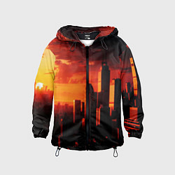 Ветровка с капюшоном детская Стилизованный город оранжевый закат, цвет: 3D-черный