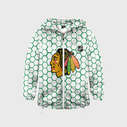 Ветровка с капюшоном детская Чикаго Блэкхокс - белые соты с зеленой обводкой, цвет: 3D-белый