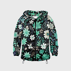 Ветровка с капюшоном детская Чёрный в зелёный цветочек стилизованный, цвет: 3D-черный