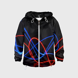 Ветровка с капюшоном детская Красно синие неоновые линии на черном фоне, цвет: 3D-белый