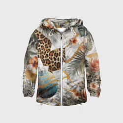Ветровка с капюшоном детская Мрамор с цветами и леопардовый узор, цвет: 3D-белый