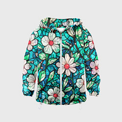 Ветровка с капюшоном детская Цветочный сине-зелёный витраж, цвет: 3D-белый