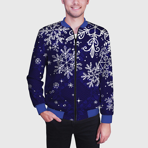Мужской бомбер Новогодние снежинки / 3D-Синий – фото 3