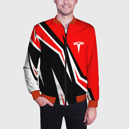 Мужской бомбер TESLA MOTORS RED LINE ТЕСЛА / 3D-Красный – фото 3