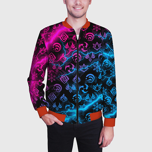 Мужской бомбер НЕОНОВЫЕ МОЛНИИ, GENSHIN IMPACT NEON / 3D-Красный – фото 3