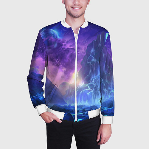 Мужской бомбер Фантастический пейзаж Водопад Неон / 3D-Белый – фото 3