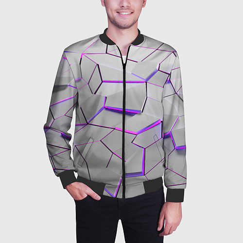 Мужской бомбер 3д плиты - белый неон / 3D-Черный – фото 3