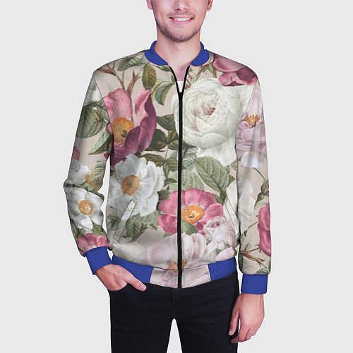 Мужской бомбер Цветы Розовый Сад Пион и Роз / 3D-Синий – фото 3