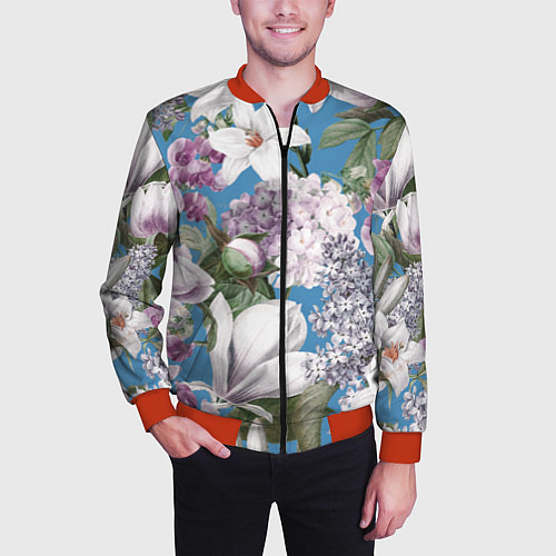 Мужской бомбер Цветы Белые Лилии В Саду Летом / 3D-Красный – фото 3