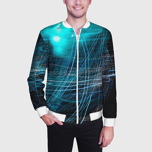 Мужской бомбер Неоновые волны и линии - Голубой / 3D-Белый – фото 3