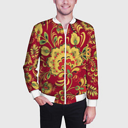 Бомбер мужской Хохломская Роспись Цветы На красном Фоне, цвет: 3D-белый — фото 2