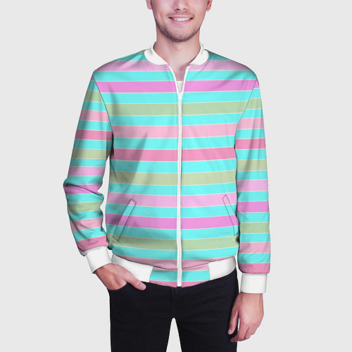 Мужской бомбер Pink turquoise stripes horizontal Полосатый узор / 3D-Белый – фото 3
