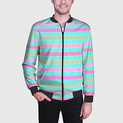 Бомбер мужской Pink turquoise stripes horizontal Полосатый узор, цвет: 3D-черный — фото 2