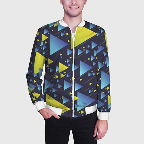 Мужской бомбер Абстракция Из Жёлтых и Синих Треугольников На Тёмн / 3D-Белый – фото 3
