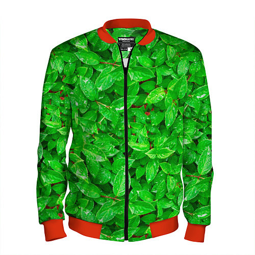 Мужской бомбер Зелёные листья - текстура / 3D-Красный – фото 1