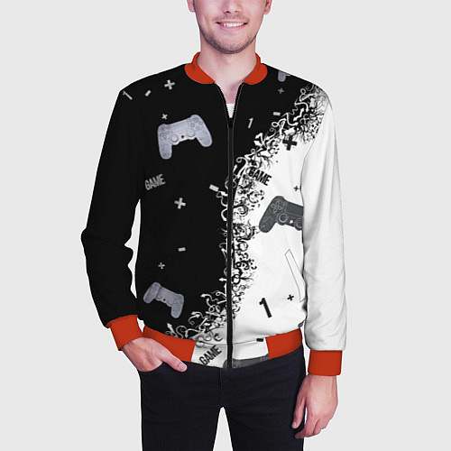 Мужской бомбер Джойстики чёрно-белые / 3D-Красный – фото 3