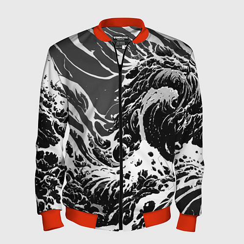 Мужской бомбер Черно-белые волны / 3D-Красный – фото 1