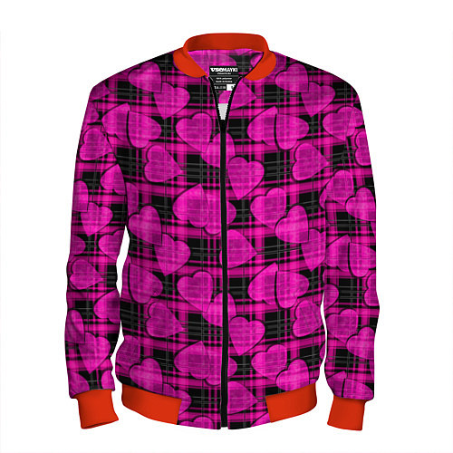 Мужской бомбер Black and pink hearts pattern on checkered / 3D-Красный – фото 1