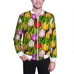 Бомбер мужской Объемные разноцветные тюльпаны, цвет: 3D-белый — фото 2
