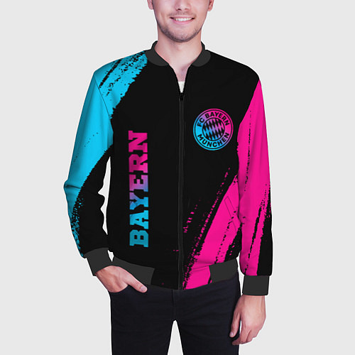 Мужской бомбер Bayern - neon gradient: надпись, символ / 3D-Черный – фото 3