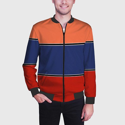 Мужской бомбер Combined pattern striped orange red blue / 3D-Черный – фото 3