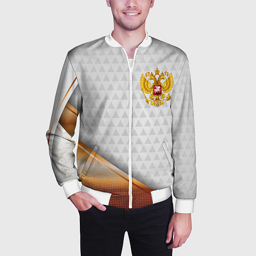Мужской бомбер Герб РФ с золотой вставкой / 3D-Белый – фото 3