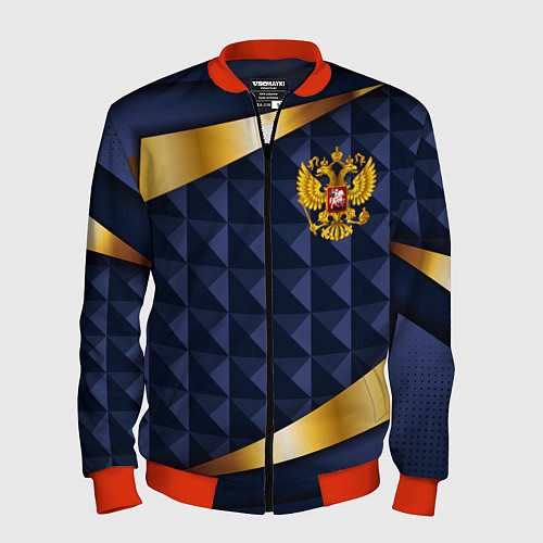 Мужской бомбер Золотой герб России на объемном синим фоне / 3D-Красный – фото 1