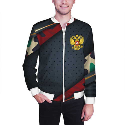 Мужской бомбер Герб России черно-красный камуфляж / 3D-Белый – фото 3