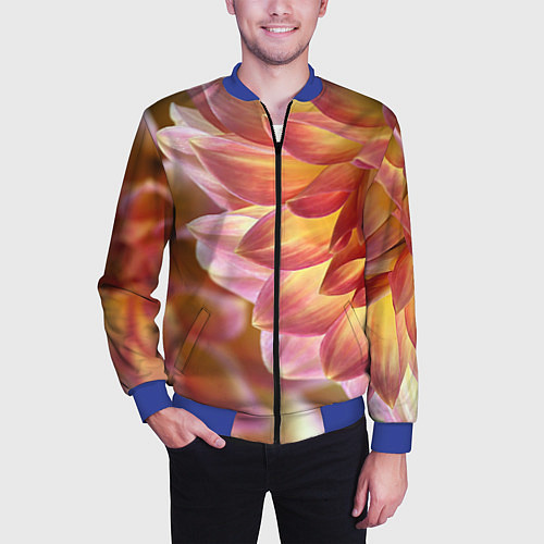 Мужской бомбер Оранжевые георгины лепестки / 3D-Синий – фото 3