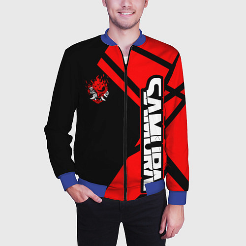 Мужской бомбер Cyberpunk 2077 - Надпись Samurai / 3D-Синий – фото 3