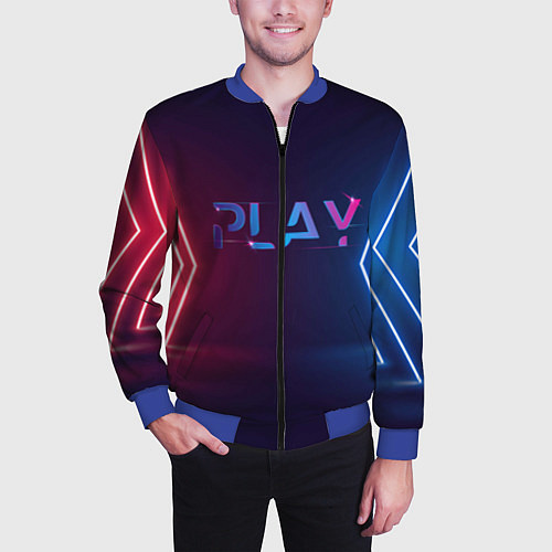 Мужской бомбер Play неоновые буквы и красно синие полосы / 3D-Синий – фото 3