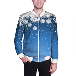 Бомбер мужской Снежный узор на синем фоне, цвет: 3D-белый — фото 2