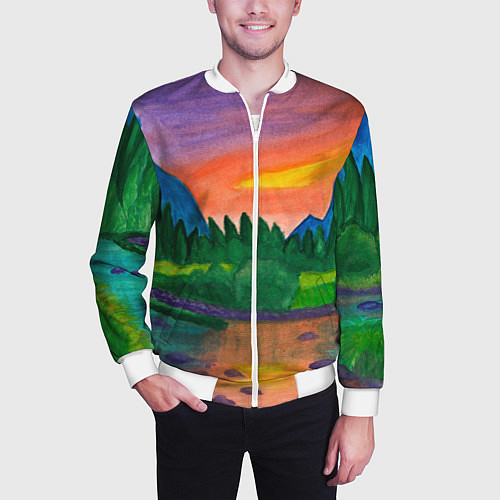 Мужской бомбер Закат на реке / 3D-Белый – фото 3