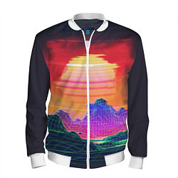 Бомбер мужской Синтвейв неоновые горы на закате, цвет: 3D-белый