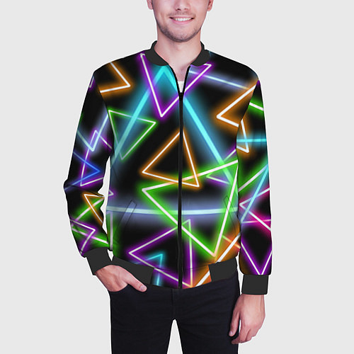 Мужской бомбер Неоновые треугольники - текстура / 3D-Черный – фото 3