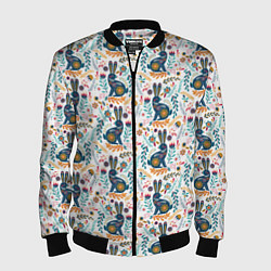 Бомбер мужской Новогодний паттерн - Кролики и веточки, цвет: 3D-черный