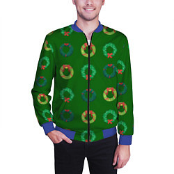 Бомбер мужской Зеленые рождественские венки омелы, цвет: 3D-синий — фото 2