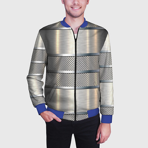 Мужской бомбер Металлические полосы - текстура алюминия / 3D-Синий – фото 3