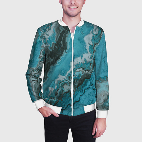 Мужской бомбер Тёмно-синие разливающиеся краски / 3D-Белый – фото 3