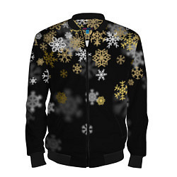 Бомбер мужской Золотые и белые снежинки, цвет: 3D-черный