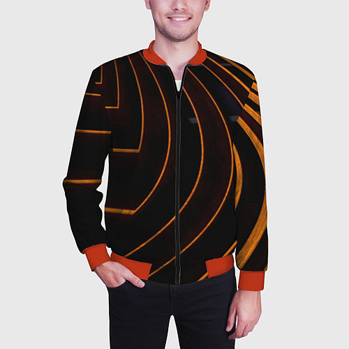 Мужской бомбер Чёрные полосы и неоновые оранжевые линии / 3D-Красный – фото 3