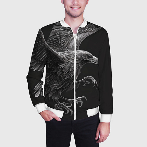 Мужской бомбер Черно-белый ворон / 3D-Белый – фото 3