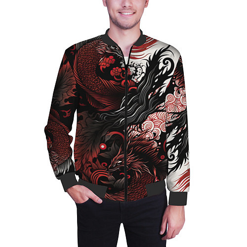 Мужской бомбер Красный Irezumi узор / 3D-Черный – фото 3