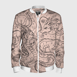 Бомбер мужской Дракон - унесенные призраками: тату на бежевом, цвет: 3D-белый